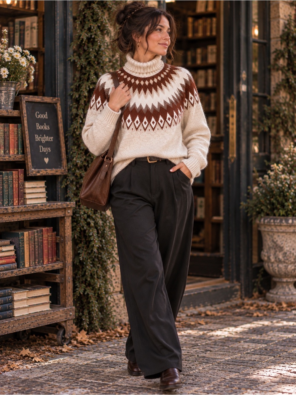 Aspen Fair Isle Turtleneck Sweater Nordic Wool Blend Oatmeal Brown Small - Picture 13 of 16